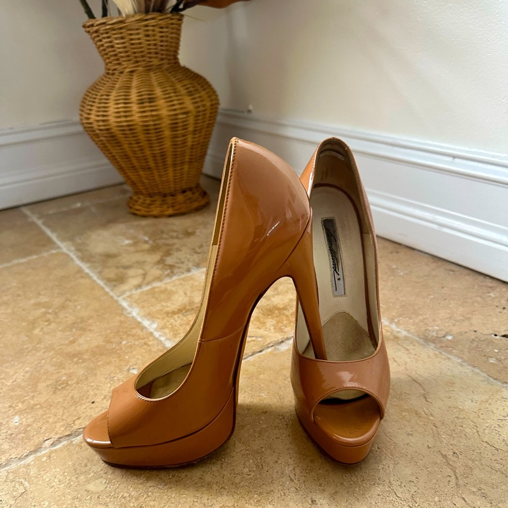 Brian Atwood Tan Patent Platform Heels